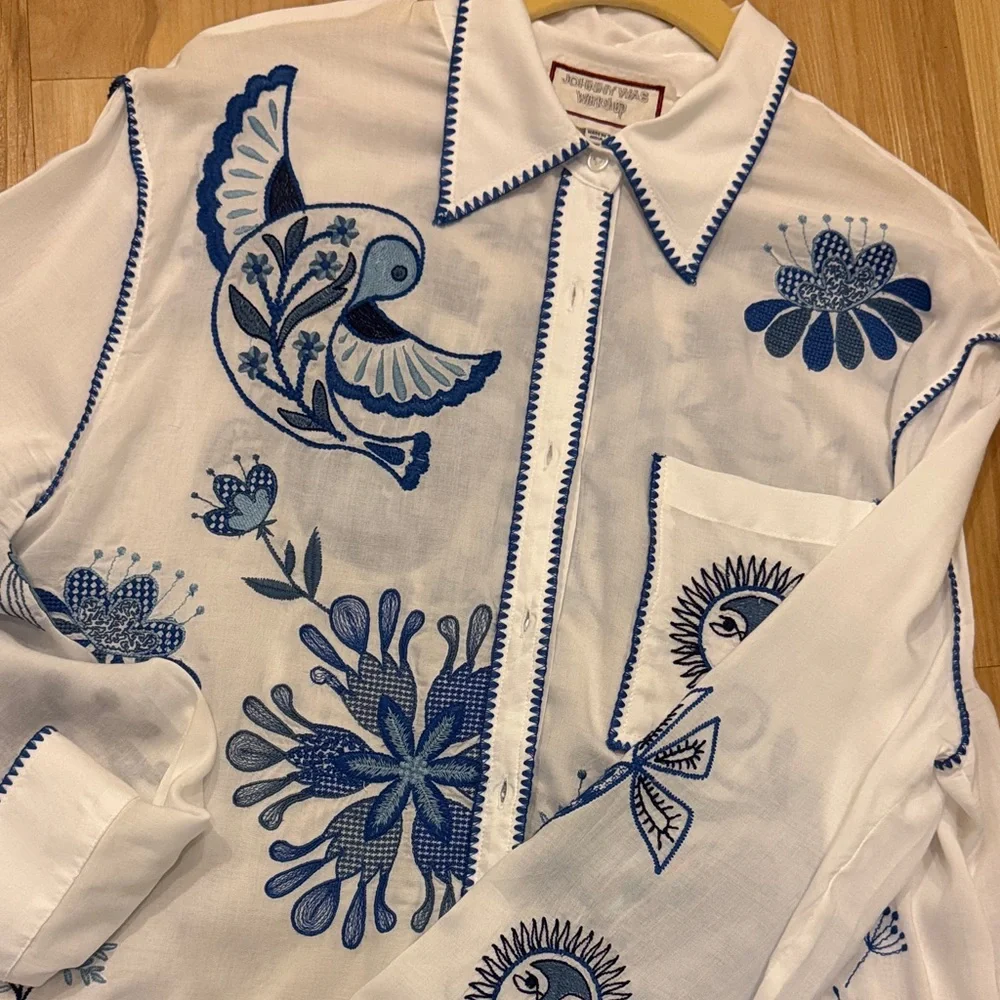 Johnny Was White Shirt with Blue Embroidery - Picture 7 of 15